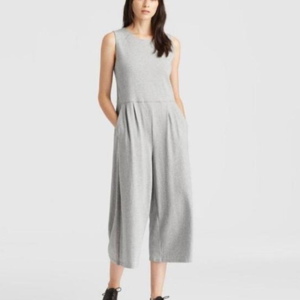 Eileen Fisher Speckled Organic Cotton Jumpsuit Moon Gray Size L